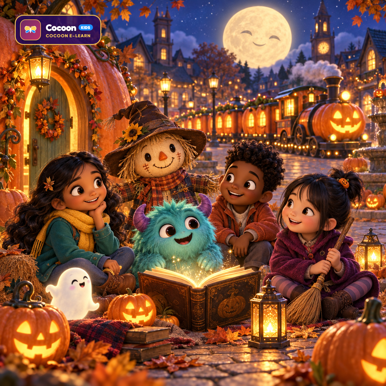 Cocoon’s Halloween story characters gathered beneath a friendly moon