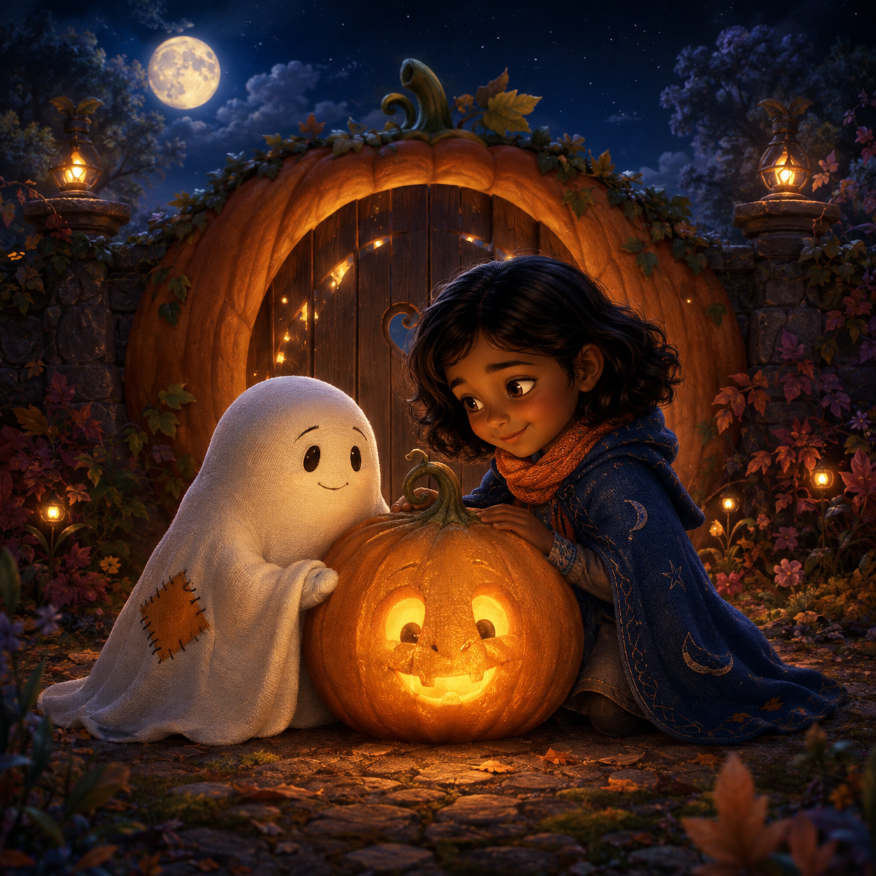 Mina with Pip the friendly ghost and Glimmer the glowing pumpkin