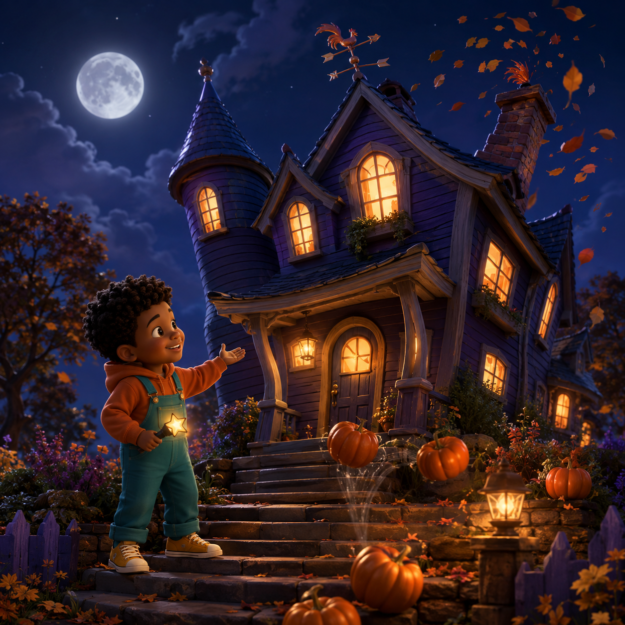 Eli reassuring Hollyhock House beneath the Halloween moon