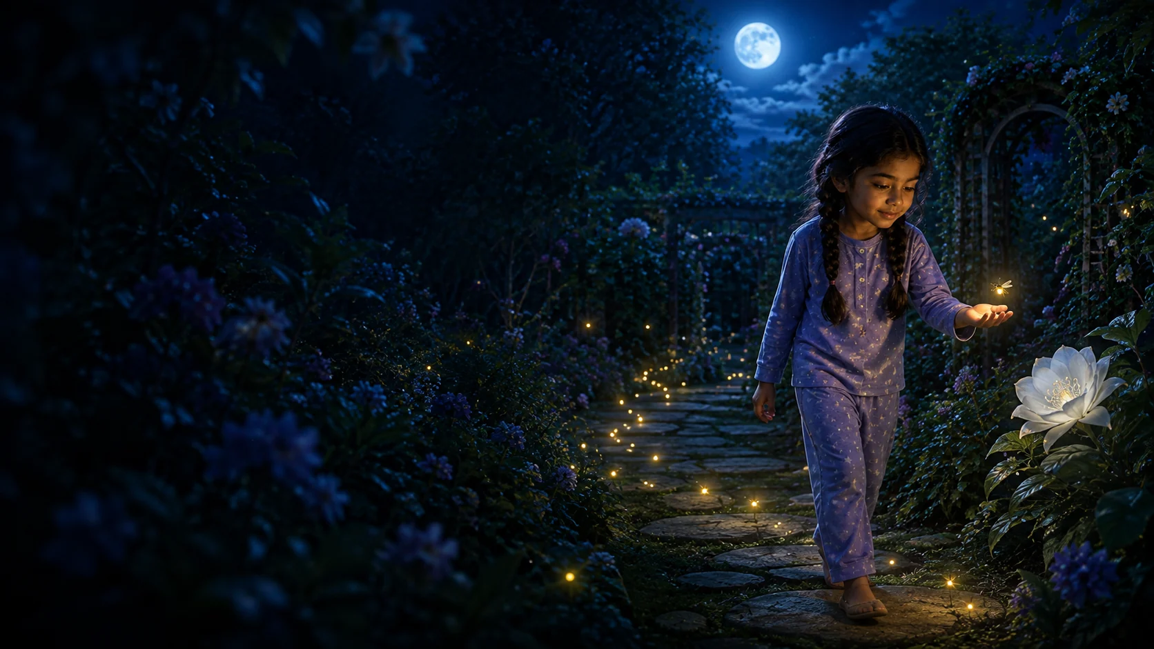 Maya walking with Lumi through the glowing Moonlit Garden