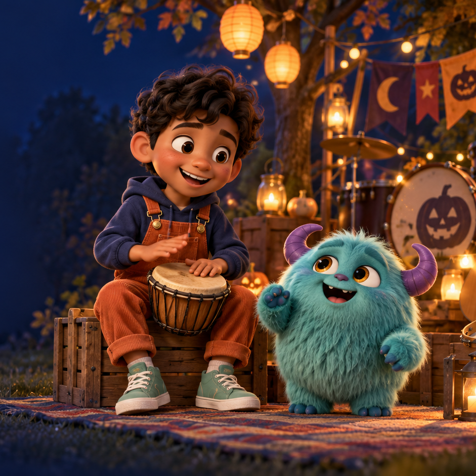 Milo making music with Rumble, a friendly teal monster