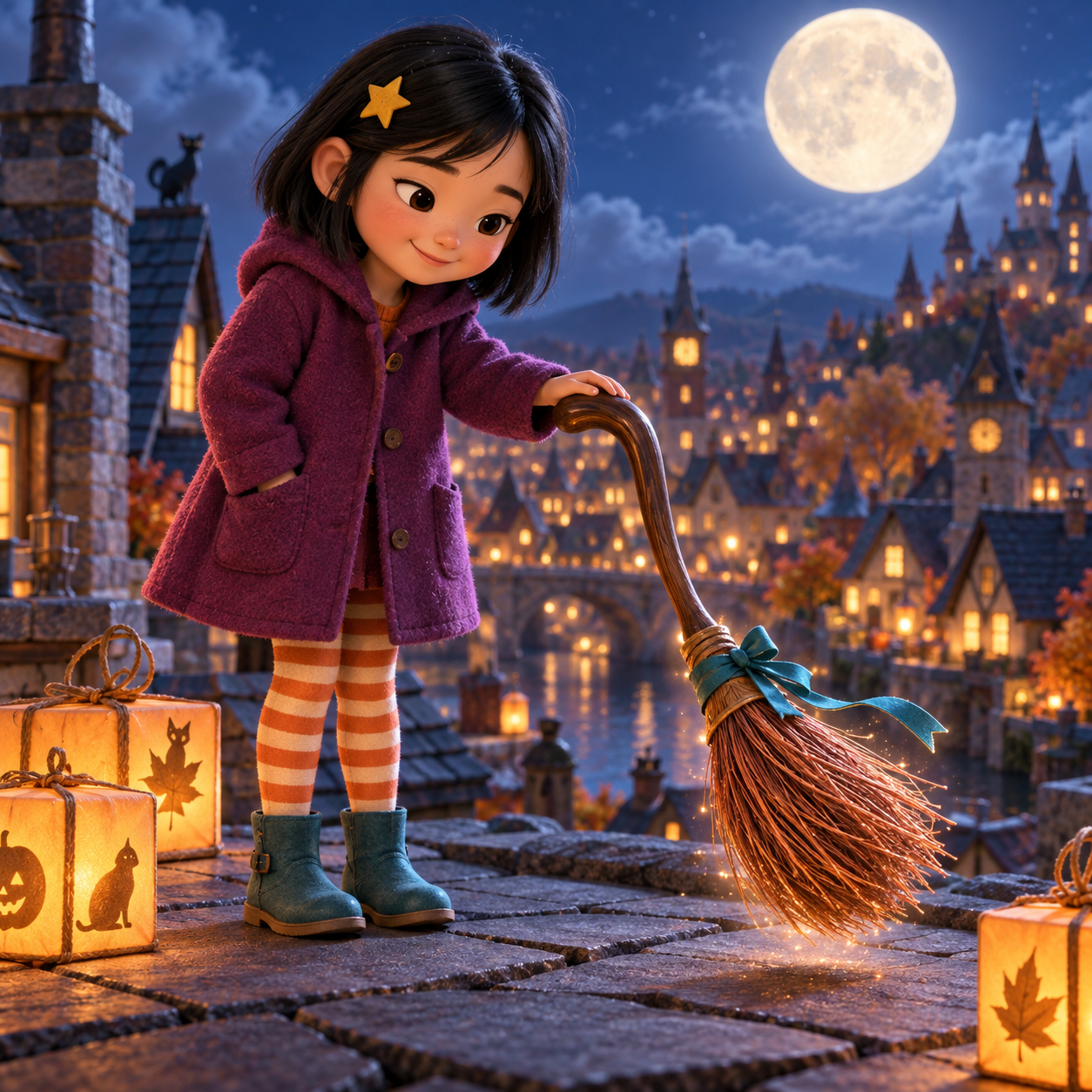 Nora gently holding a shy broomstick above a moonlit town